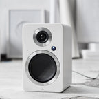 Argon Audio Forte A5 MK2 active bookshelf speakers with white finish, featuring sleek design and front-facing controls.