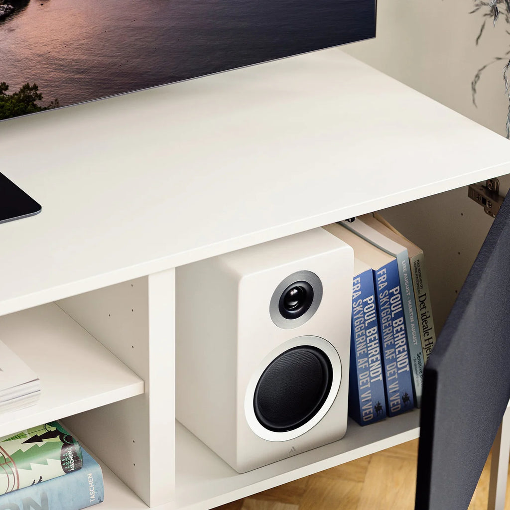 Argon Audio Forte A5 MK2 active bookshelf speakers with white finish, showing front view with speaker grille and control panel