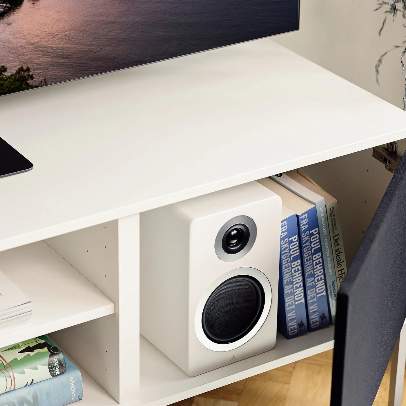 Argon Audio Forte A5 MK2 active bookshelf speakers with white finish, showing front view with speaker grille and control panel
