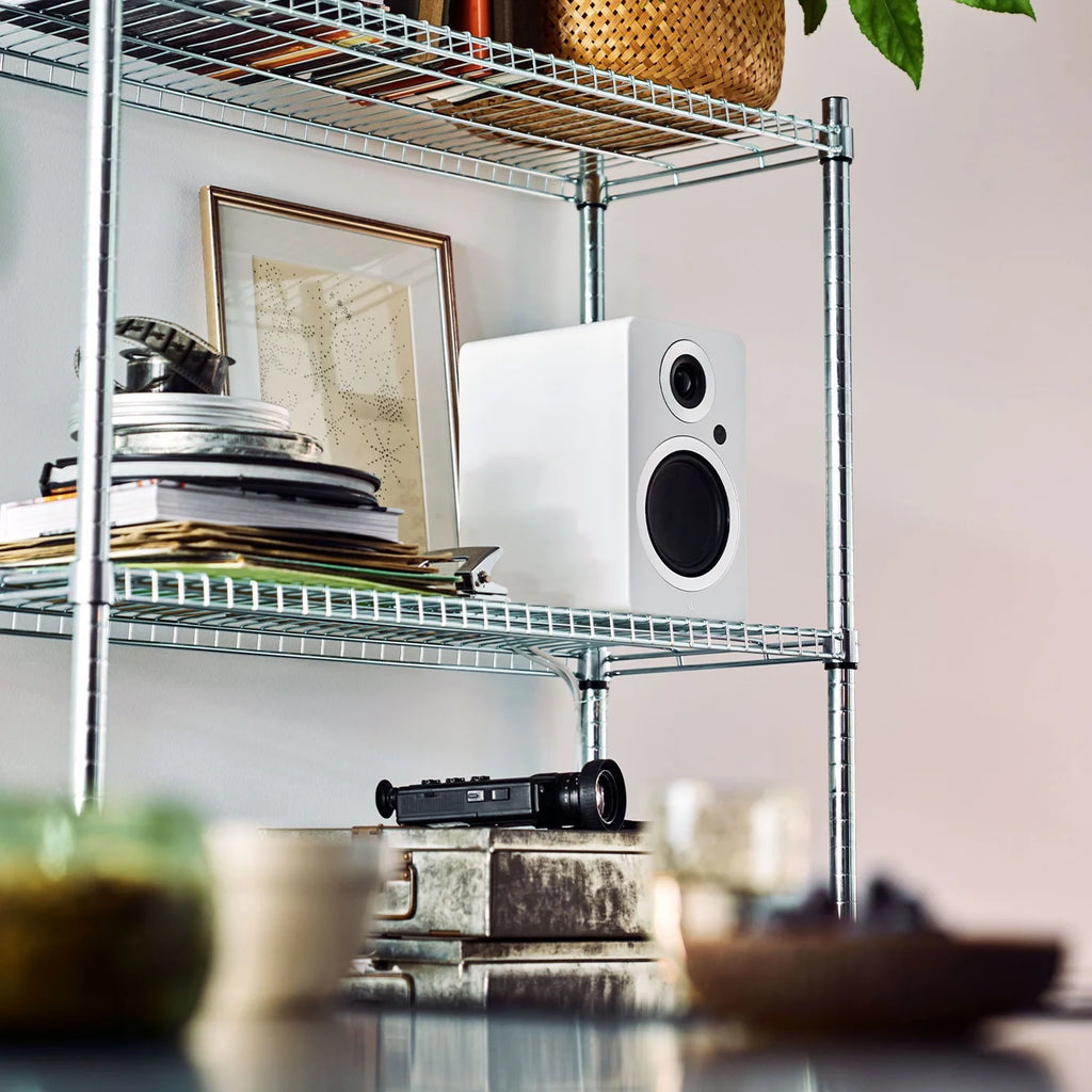 Argon Audio Forte A4 WiFi active bookshelf speakers in white with sleek design and control knobs visible on the front panel.