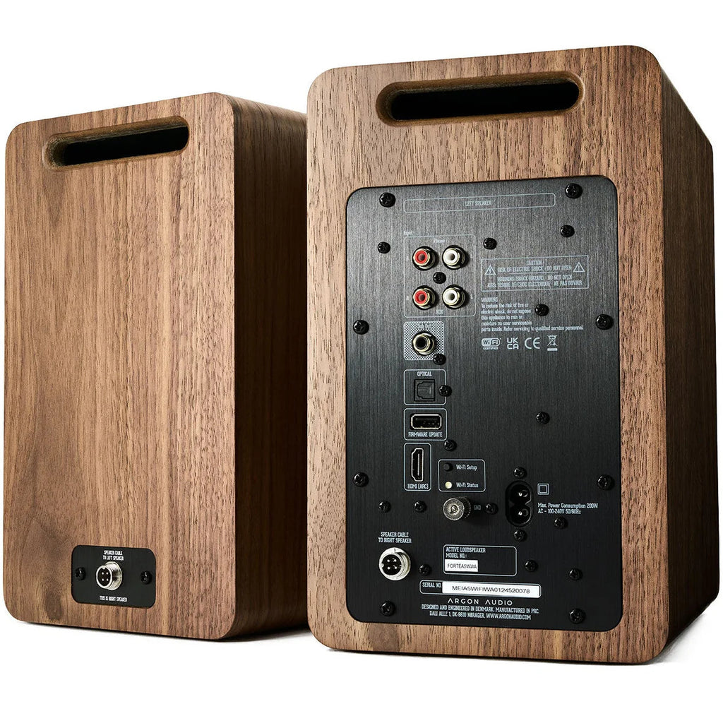 Argon Audio Forte A5 WiFi active bookshelf speakers with black finish, showing the front and side view of the sleek design.