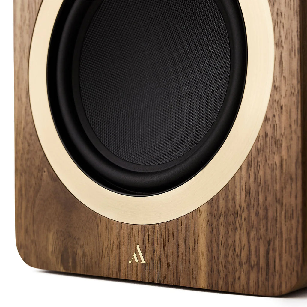 Argon Audio Forte A5 WiFi active bookshelf speakers with sleek black finish and modern design, placed on a wooden surface.