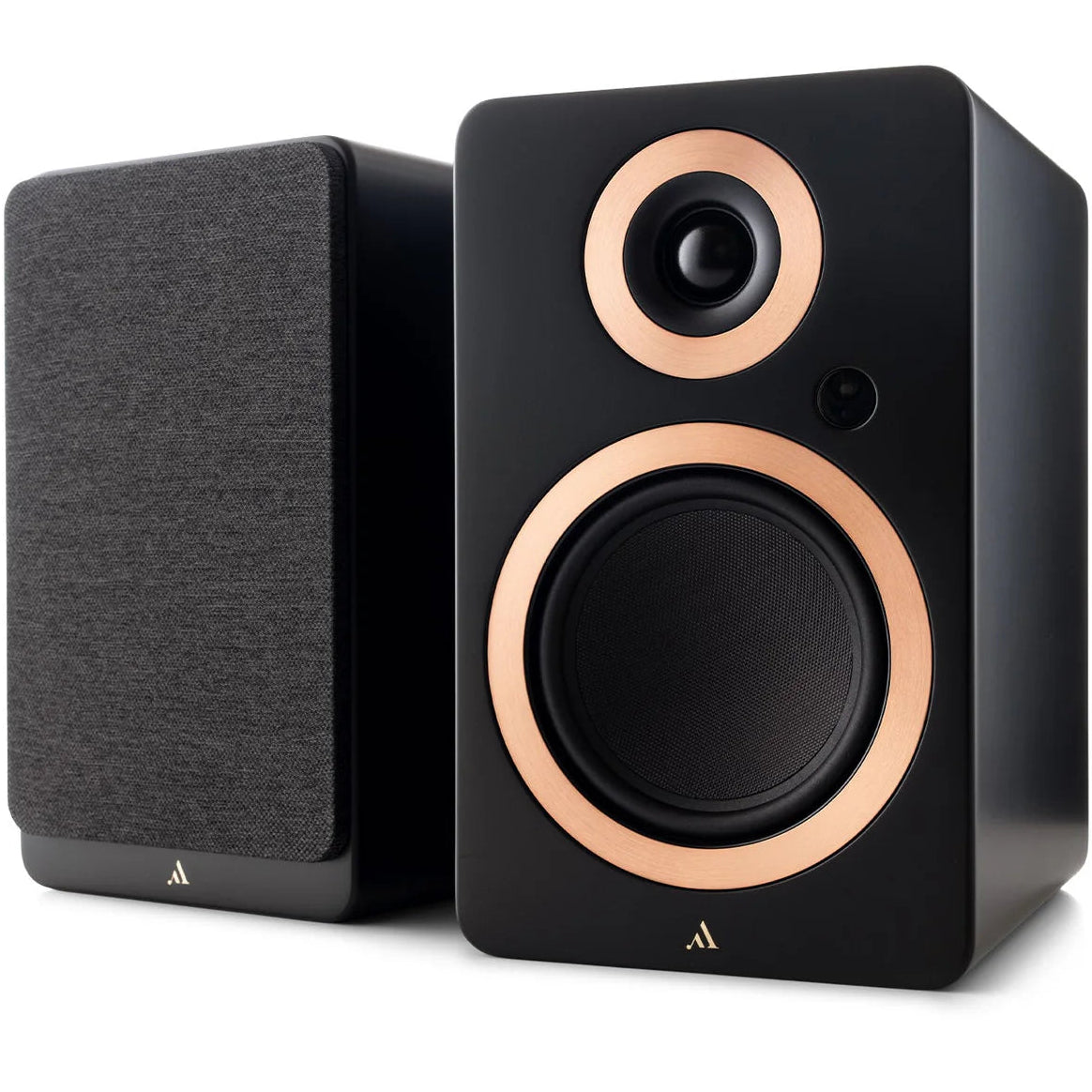 Argon Audio Forte A5 WiFi active bookshelf speakers with black finish and sleek design, featuring front-facing speaker drivers.
