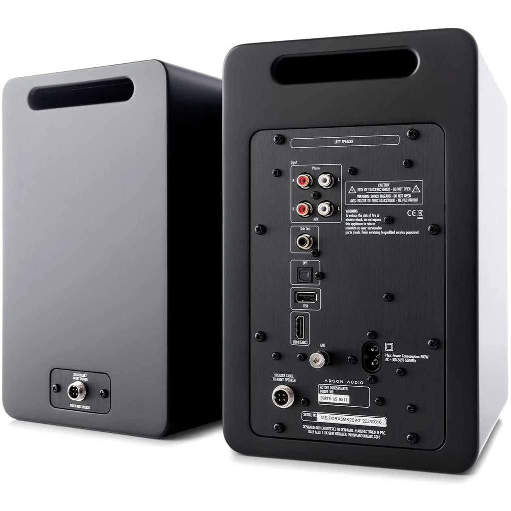 Argon Audio Forte A5 WiFi active bookshelf speakers with black finish and modern design, shown from the front.