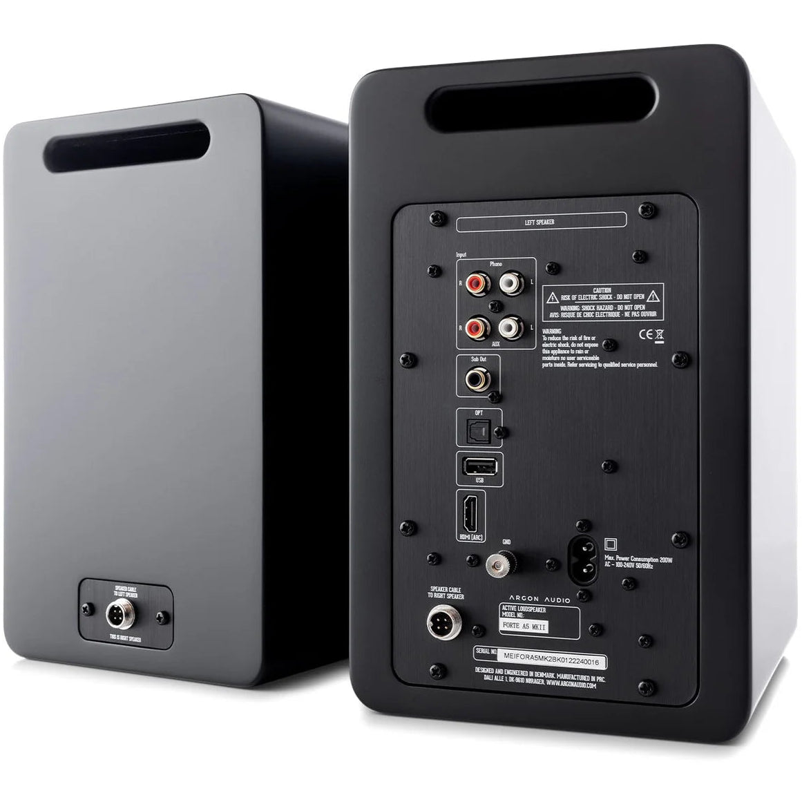 Argon Audio Forte A5 WiFi active bookshelf speakers with black finish and modern design, shown from the front.