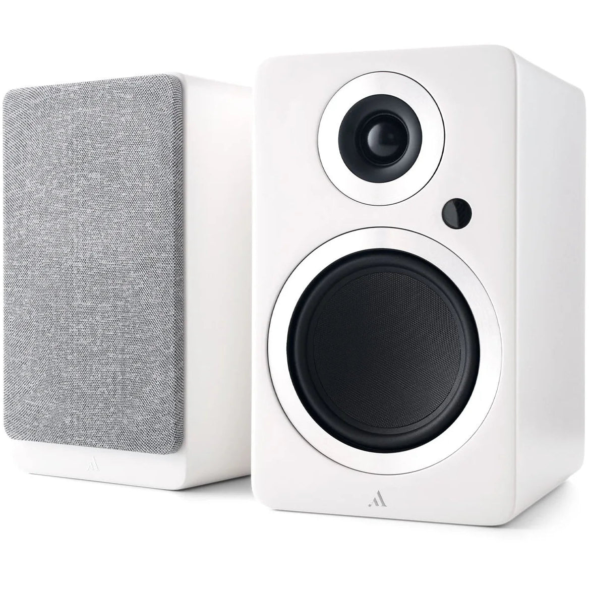 Argon Audio Forte A5 WiFi active bookshelf speakers in white, showing their sleek design and front-facing speaker drivers.