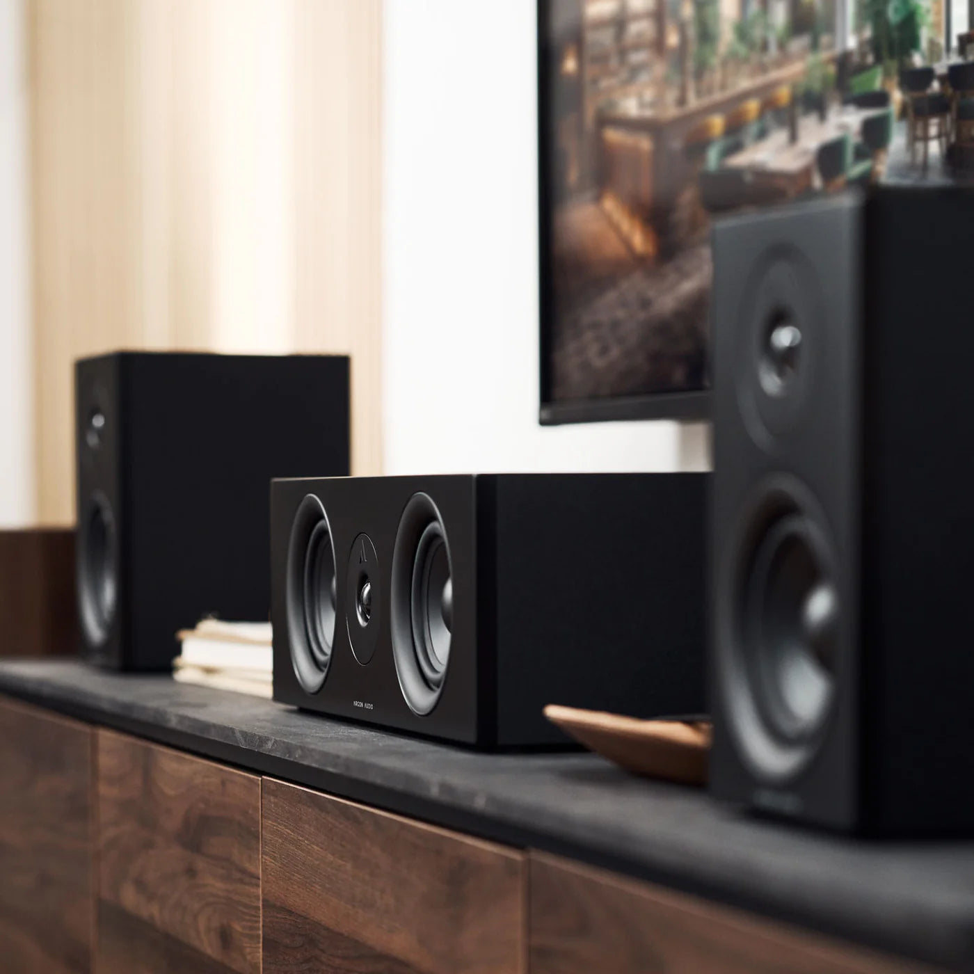 Black Argon Audio Forus Center speaker with sleek design, showcasing the front grille and audio ports.