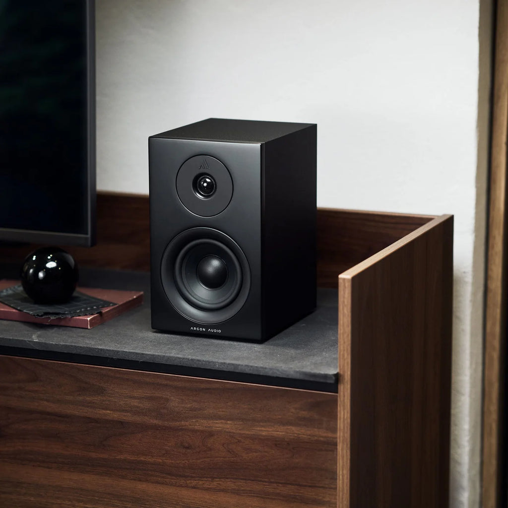 Argon Audio Forus 4 passive bookshelf speakers with black wood finish and compact design for home audio systems.