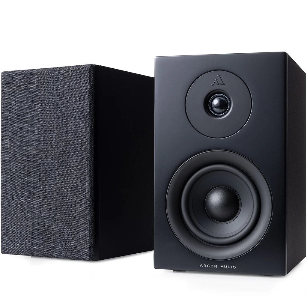 Argon Audio Forus 4 passive bookshelf speakers with black finish, showcasing sleek design and compact size.