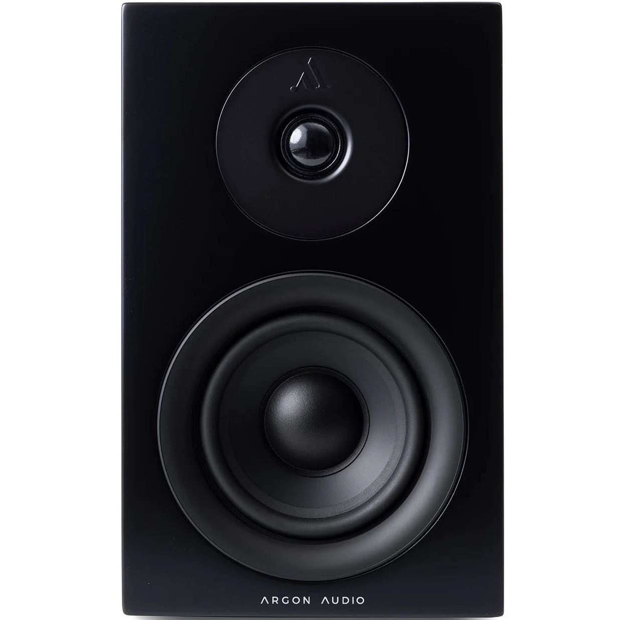 Argon Audio Forus 4 passive bookshelf speakers with black wood finish, showcasing their sleek compact design and front-facing drivers.