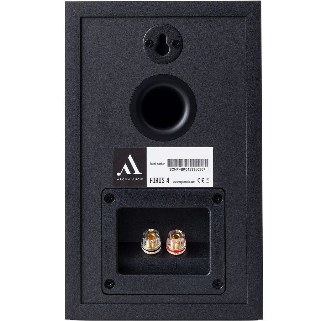 Argon Audio Forus 4 passive bookshelf speakers with black wood finish and sleek design, featuring front-facing drivers and grille.