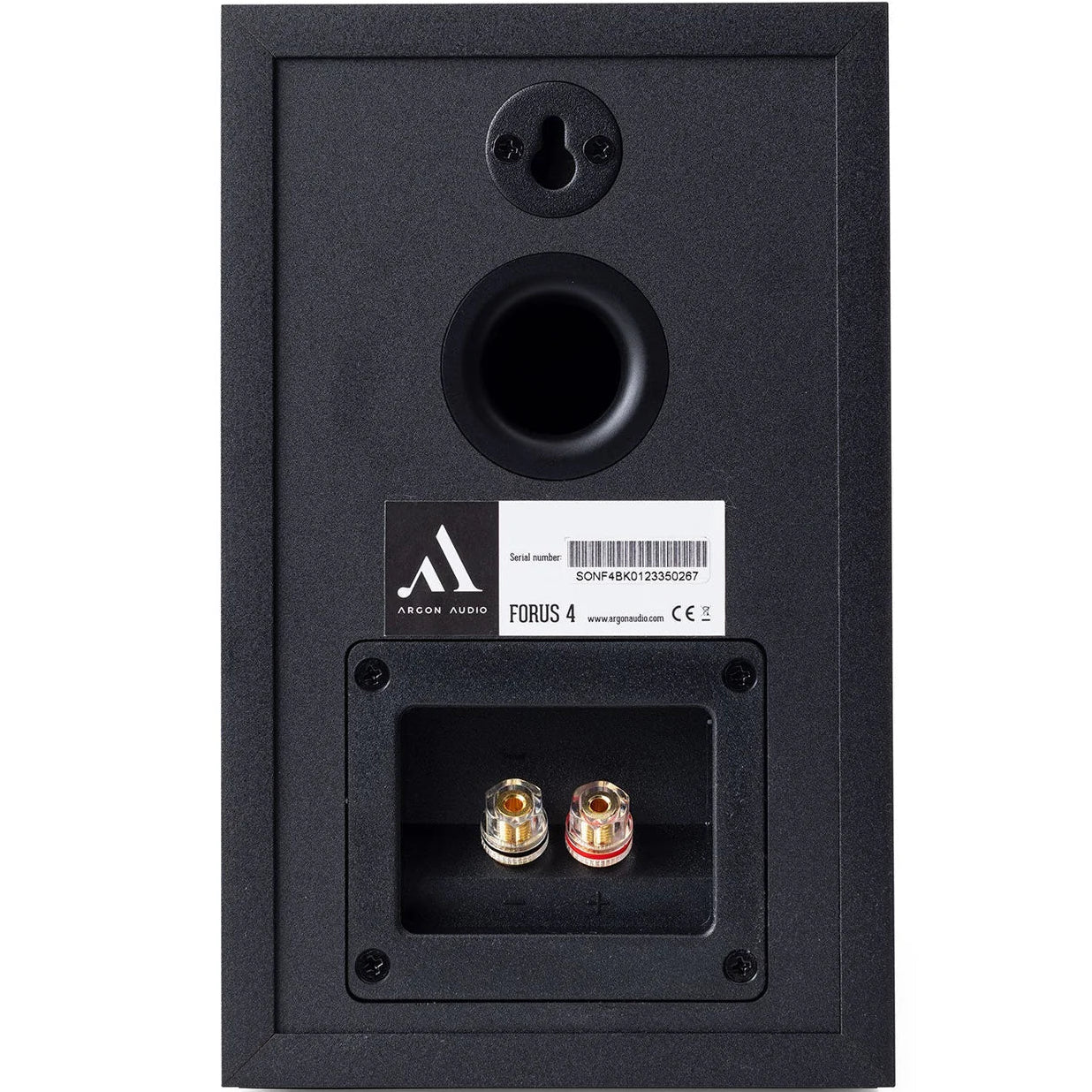 Argon Audio Forus 4 passive bookshelf speakers with black wood finish and sleek design, featuring front-facing drivers and grille.