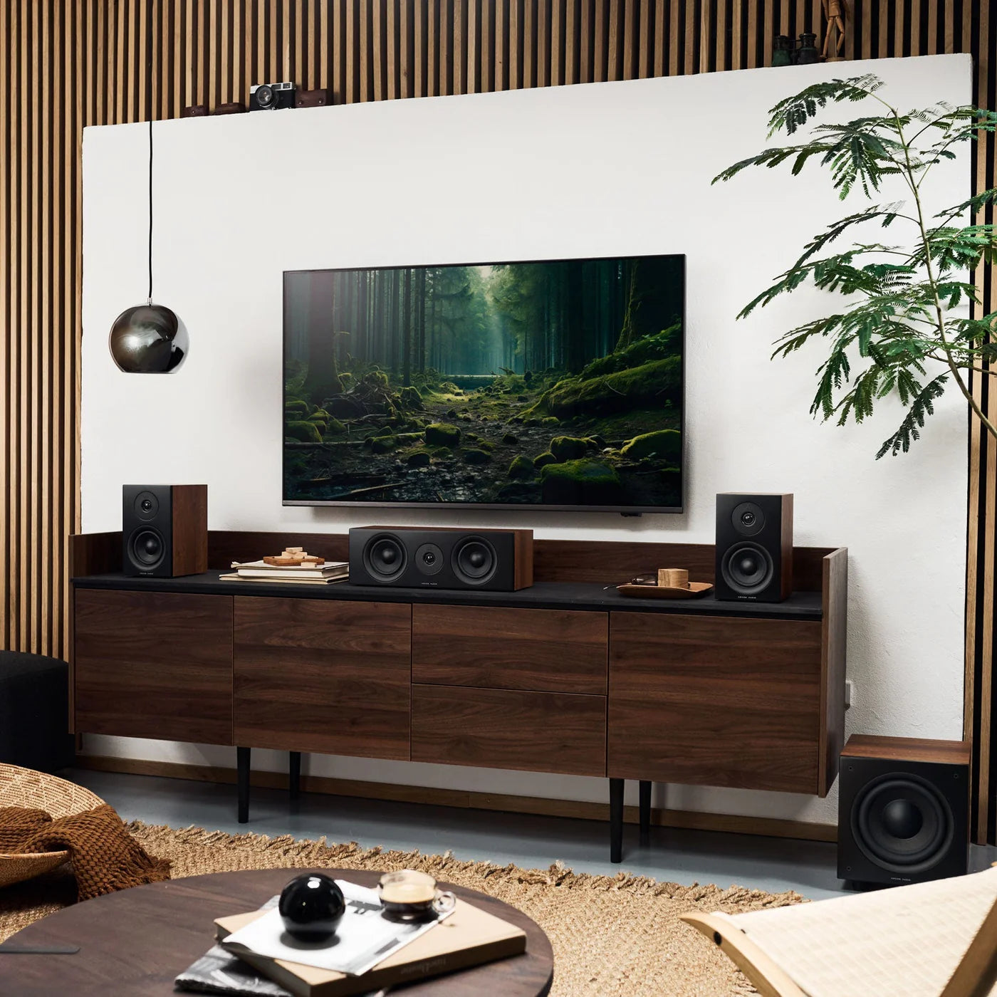 Argon Audio Forus 4 passive bookshelf speakers with wood finish and sleek design, shown from multiple angles.