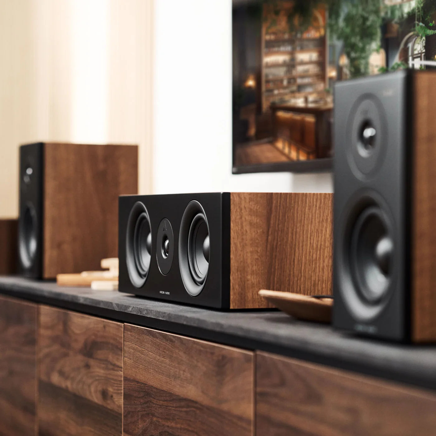 Argon Audio Forus Center speaker with black finish, featuring a sleek design and two drivers for clear home theater sound.
