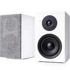 Argon Audio Forus 4 passive bookshelf speakers with white finish, featuring sleek design and driver components visible from the front.