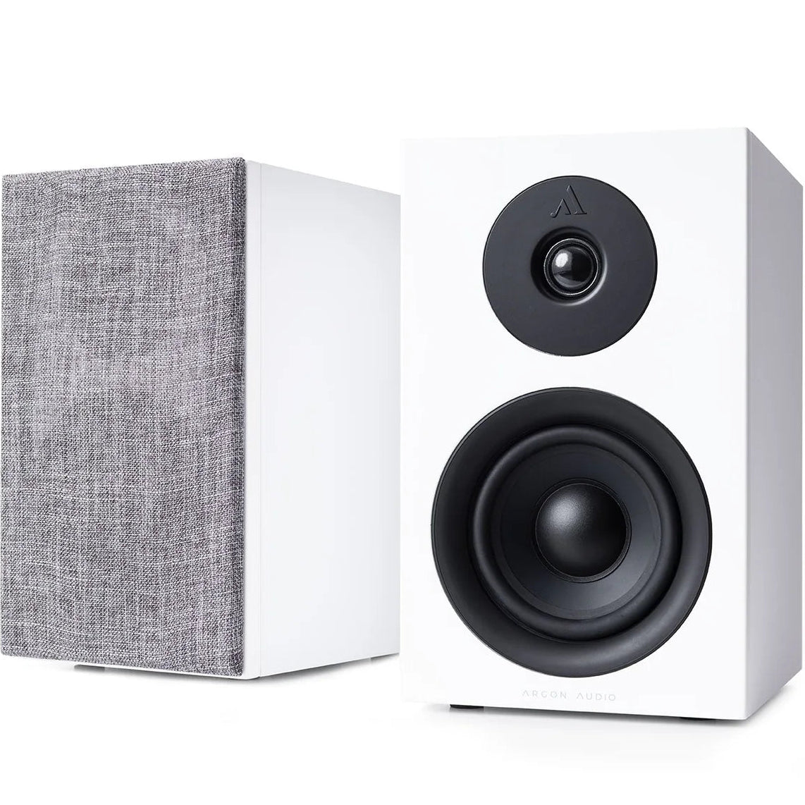 Argon Audio Forus 4 passive bookshelf speakers with white finish, featuring sleek design and driver components visible from the front.