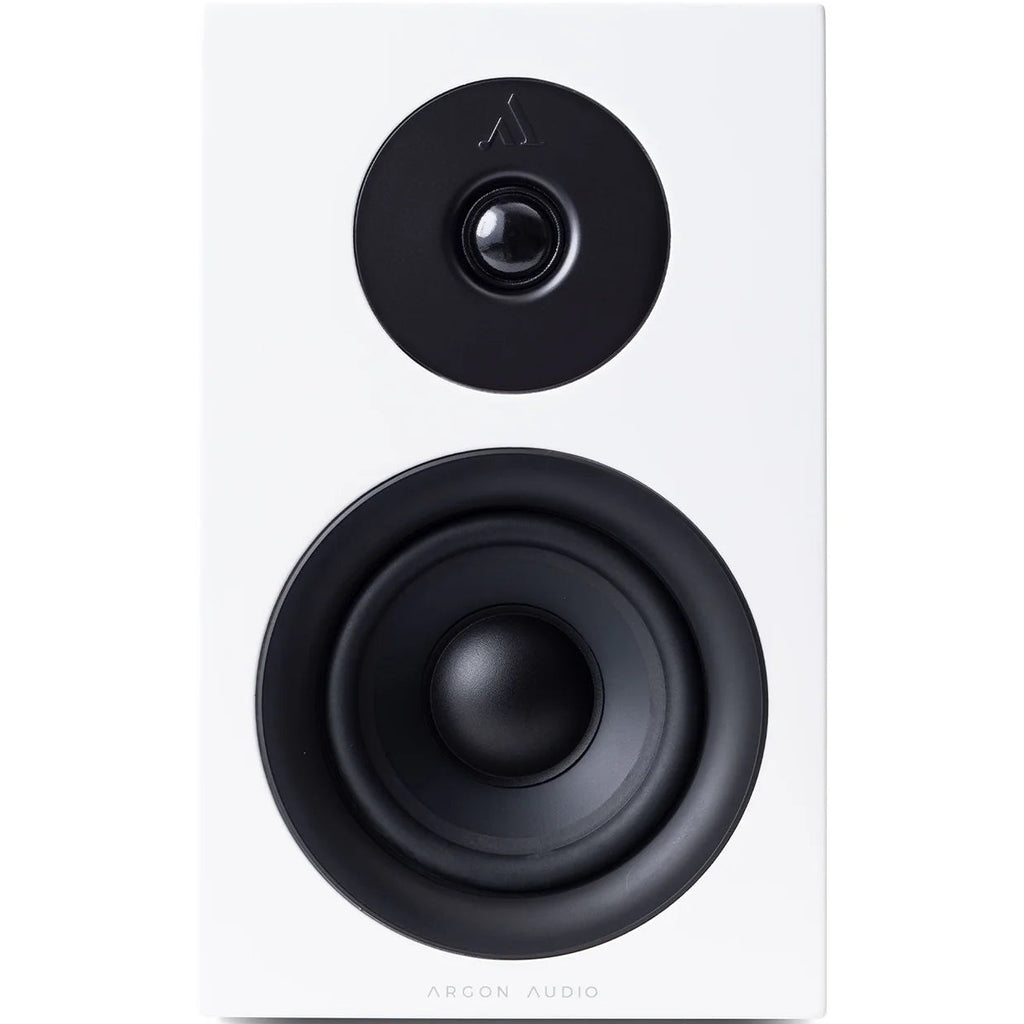 Argon Audio Forus 4 passive bookshelf speakers with white finish, showing front view with speaker grille and wood cabinet.