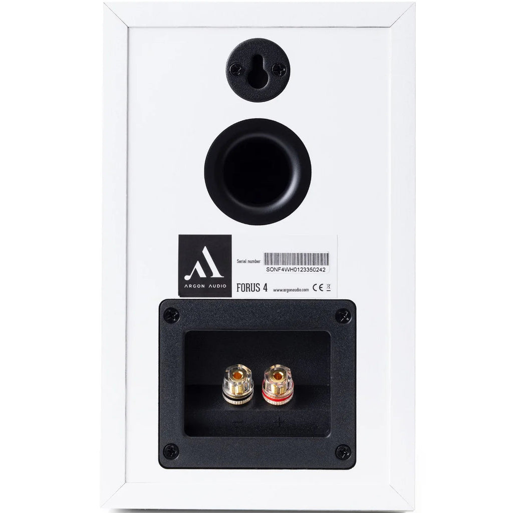 Argon Audio Forus 4 passive bookshelf speakers in white, showcasing their compact design and sleek black grilles.