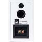 Argon Audio Forus 4 passive bookshelf speakers in white, showcasing their compact design and sleek black grilles.