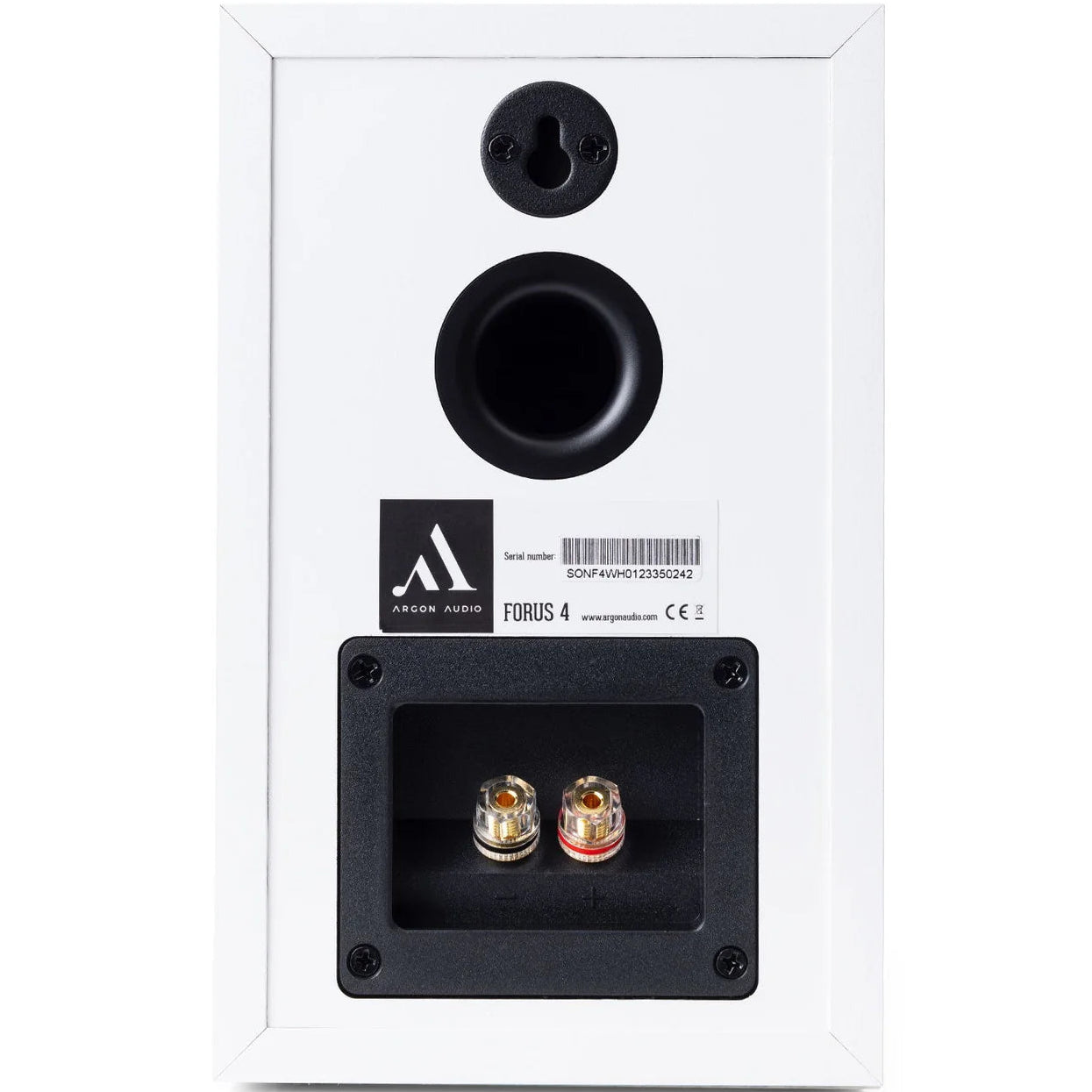 Argon Audio Forus 4 passive bookshelf speakers in white, showcasing their compact design and sleek black grilles.