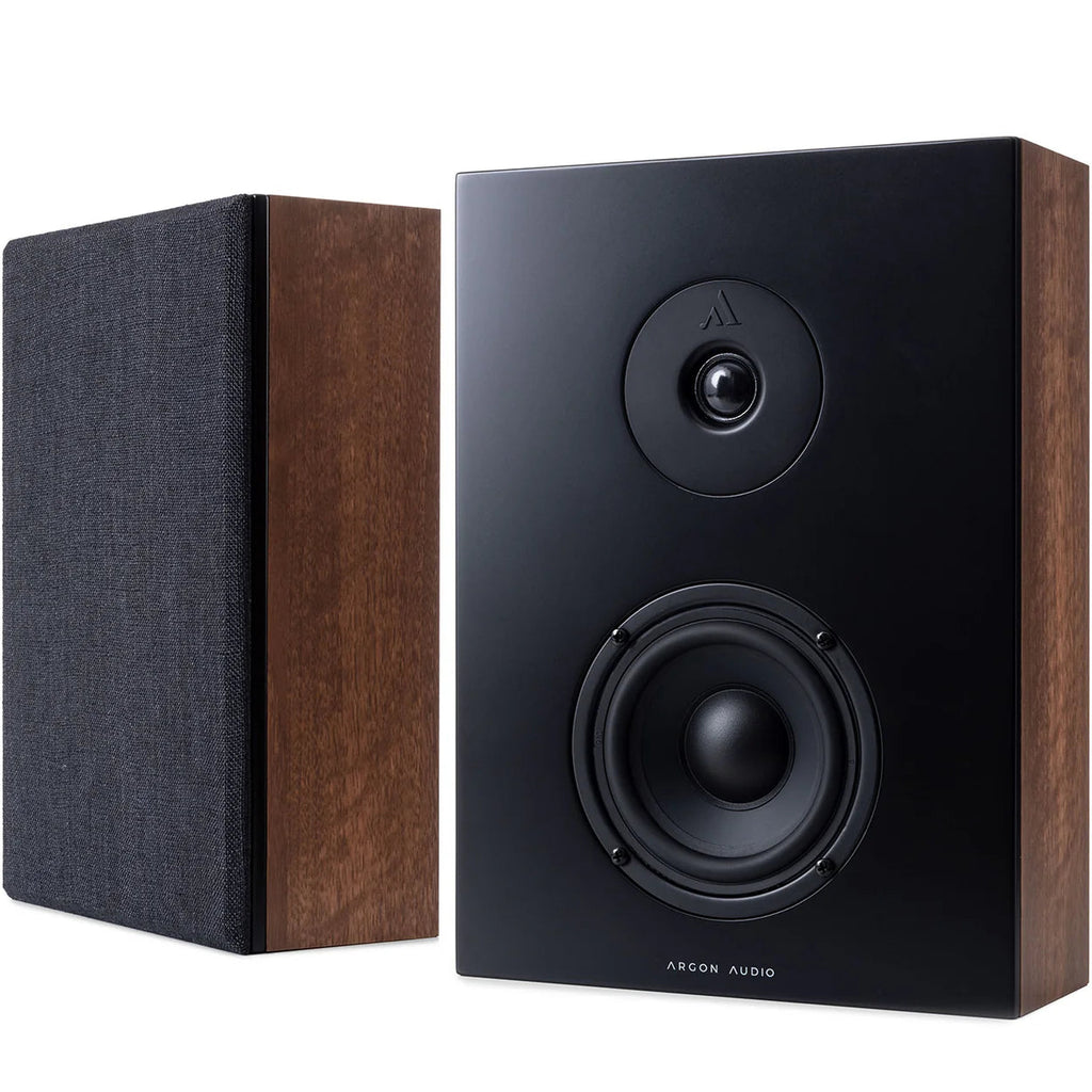 Argon Audio Forus 4 wall-mounted in-wall and outdoor speakers installed outdoors with sleek black enclosures