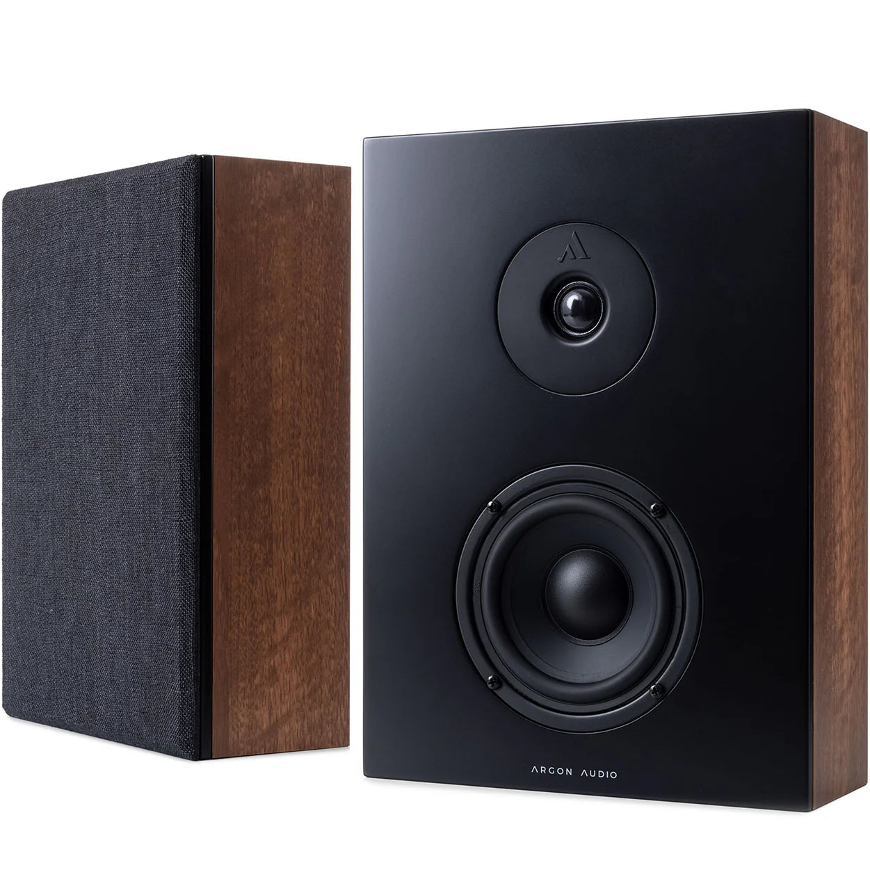Argon Audio Forus 4 wall-mounted in-wall and outdoor speakers installed outdoors with sleek black enclosures