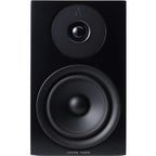 Argon Audio Forus 5 passive bookshelf speakers with black finish, showing front view with speaker grilles and woodgrain base.