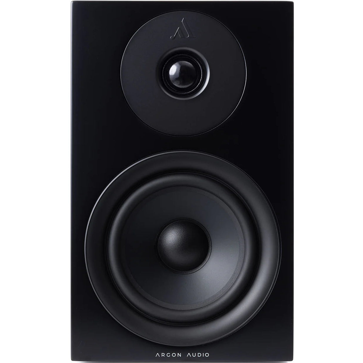 Argon Audio Forus 5 passive bookshelf speakers with black finish, showing front view with speaker grilles and woodgrain base.