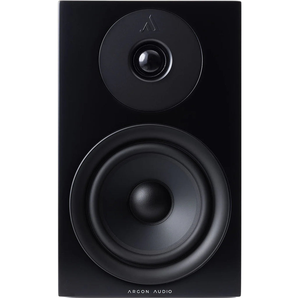 Argon Audio Forus 5 passive bookshelf speakers showing sleek black wood finish and modern design on a white background.