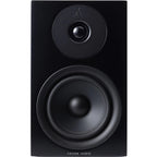 Argon Audio Forus 5 passive bookshelf speakers showing sleek black wood finish and modern design on a white background.