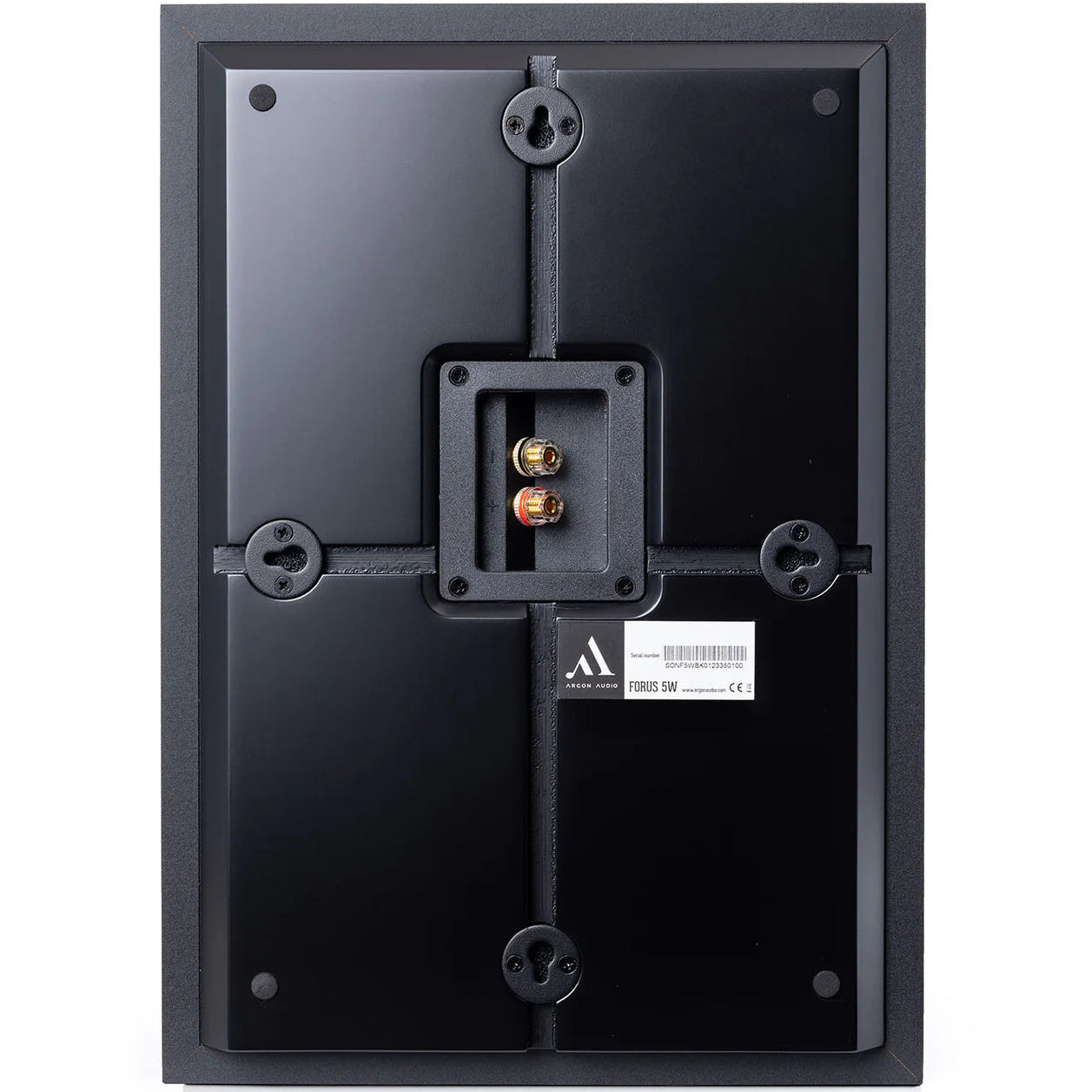 Black Argon Audio Forus 5 in-wall and outdoor speakers mounted on a wall, showcasing sleek design and durable outdoor construction.