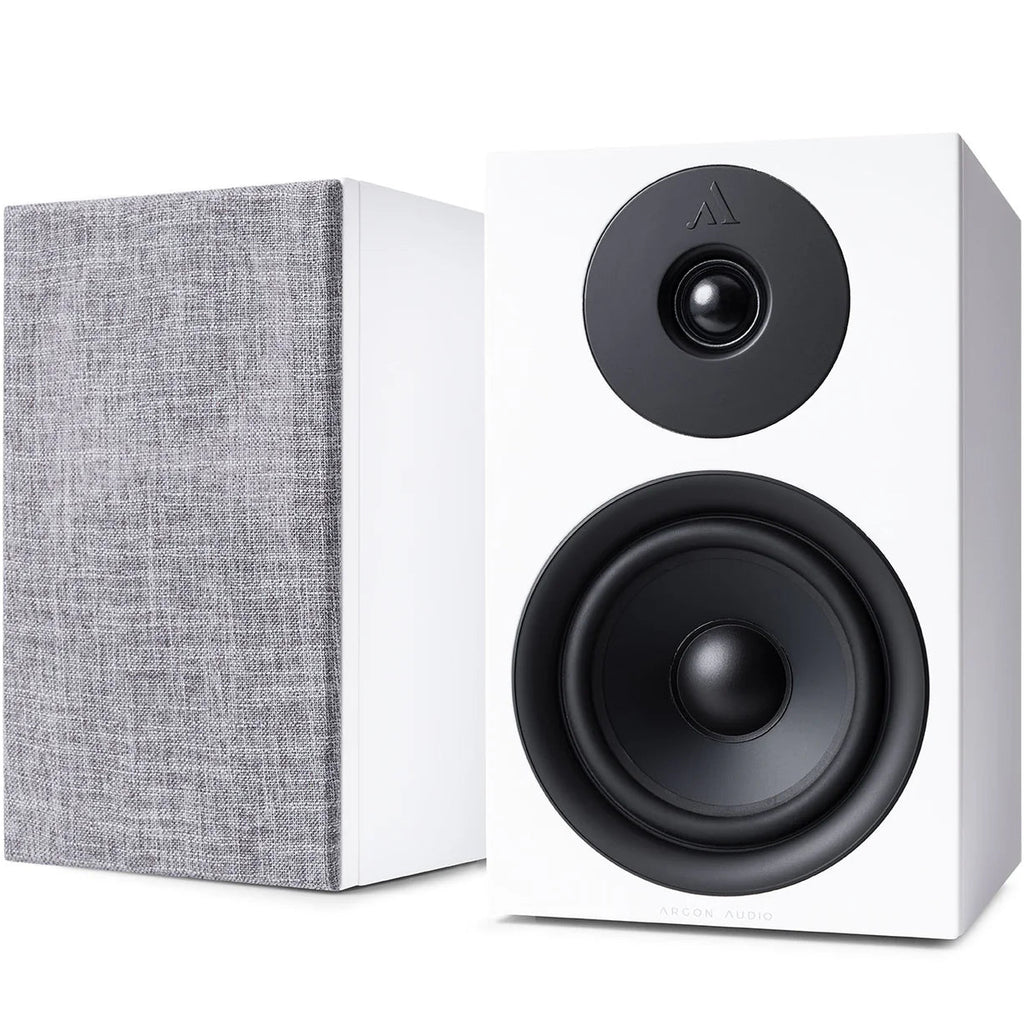 Argon Audio Forus 5 passive bookshelf speakers with white wood finish, showcasing the sleek design and front grille.