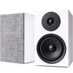 Argon Audio Forus 5 passive bookshelf speakers with white wood finish, showcasing the sleek design and front grille.