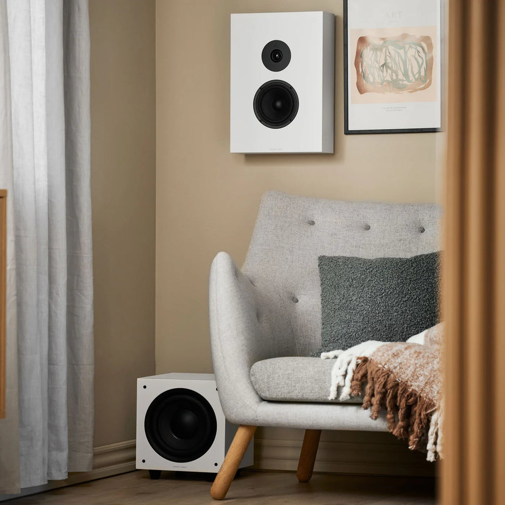 Argon Audio Forus 5 wall-mounted in-wall and outdoor speakers with white weather-resistant enclosures and sleek design.