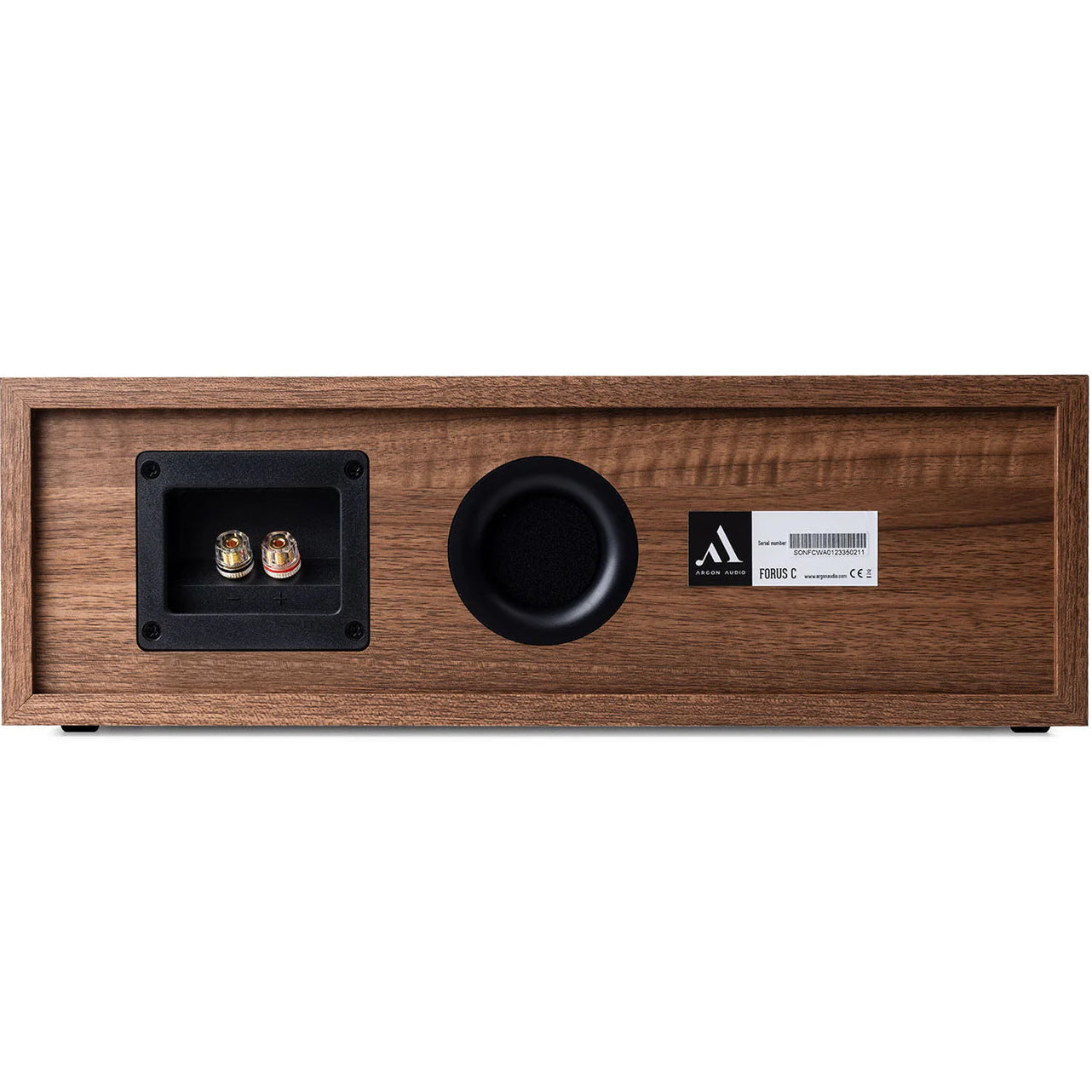 Argon Audio Forus Center speaker with sleek black design, showcasing the front grille and control panel for home theater systems.