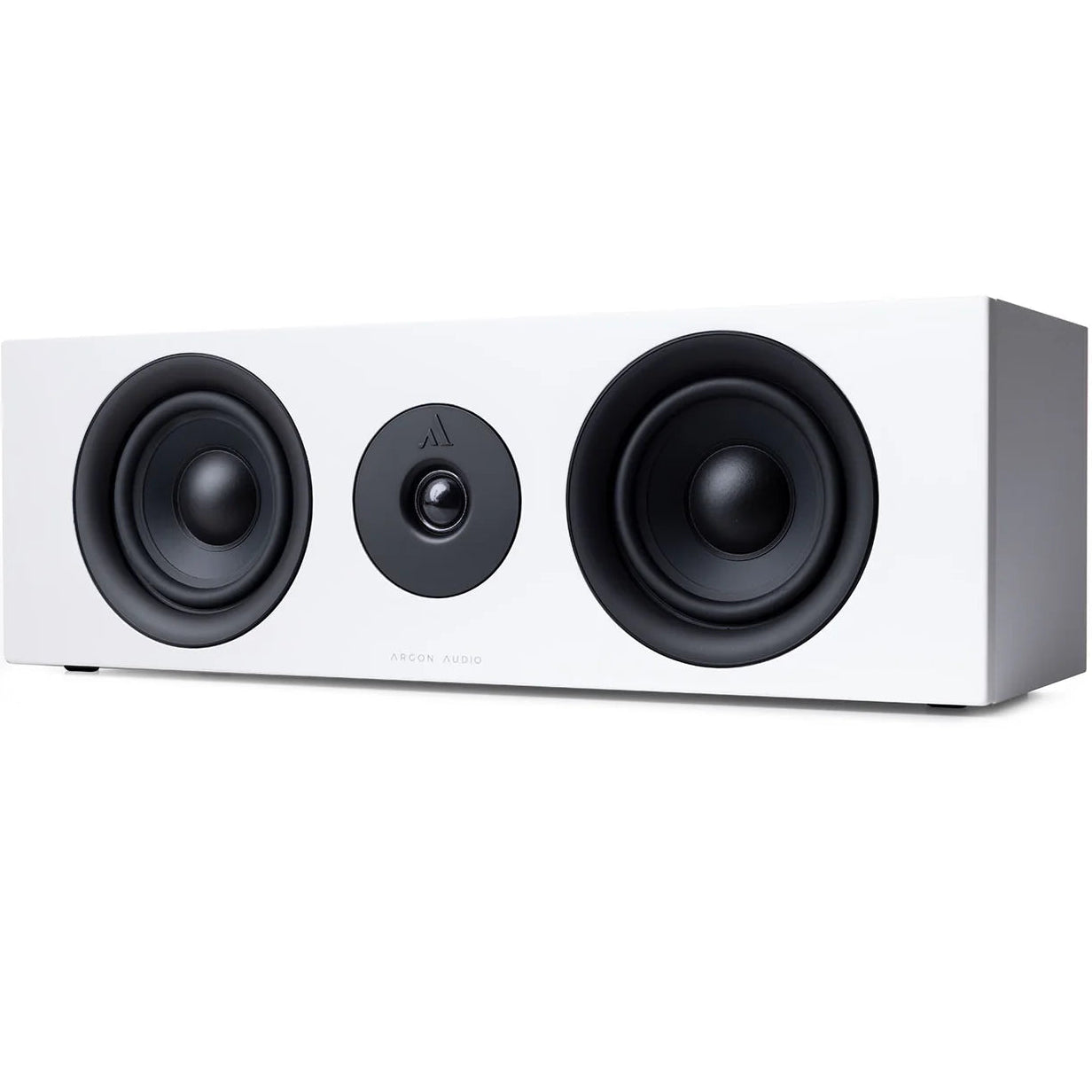 Argon Audio Forus Center speaker in white, showcasing its sleek design and front grille, ideal for home theater audio system.