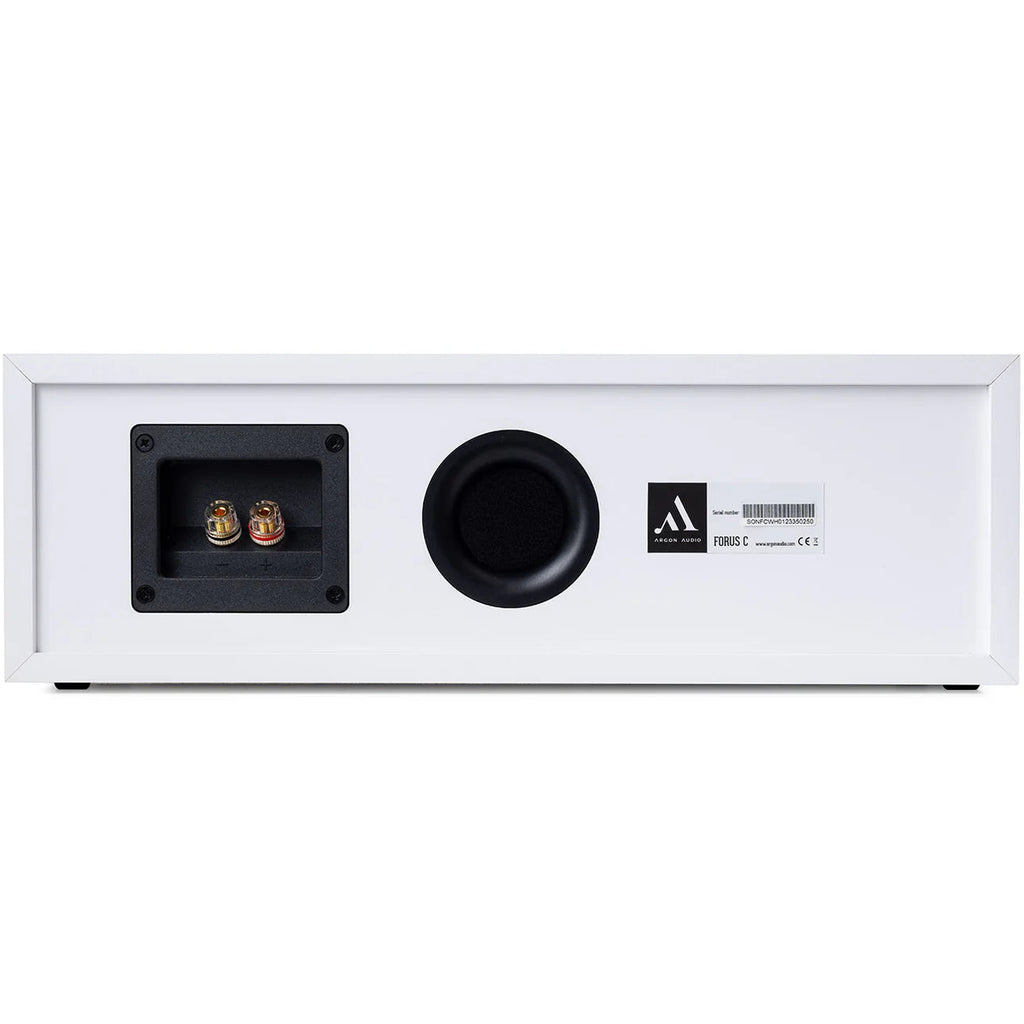 Argon Audio Forus Center speaker in white, showcasing its sleek design and front grille for home theater audio setup.