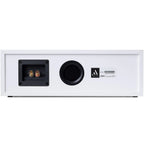 Argon Audio Forus Center speaker in white, showcasing its sleek design and front grille for home theater audio setup.