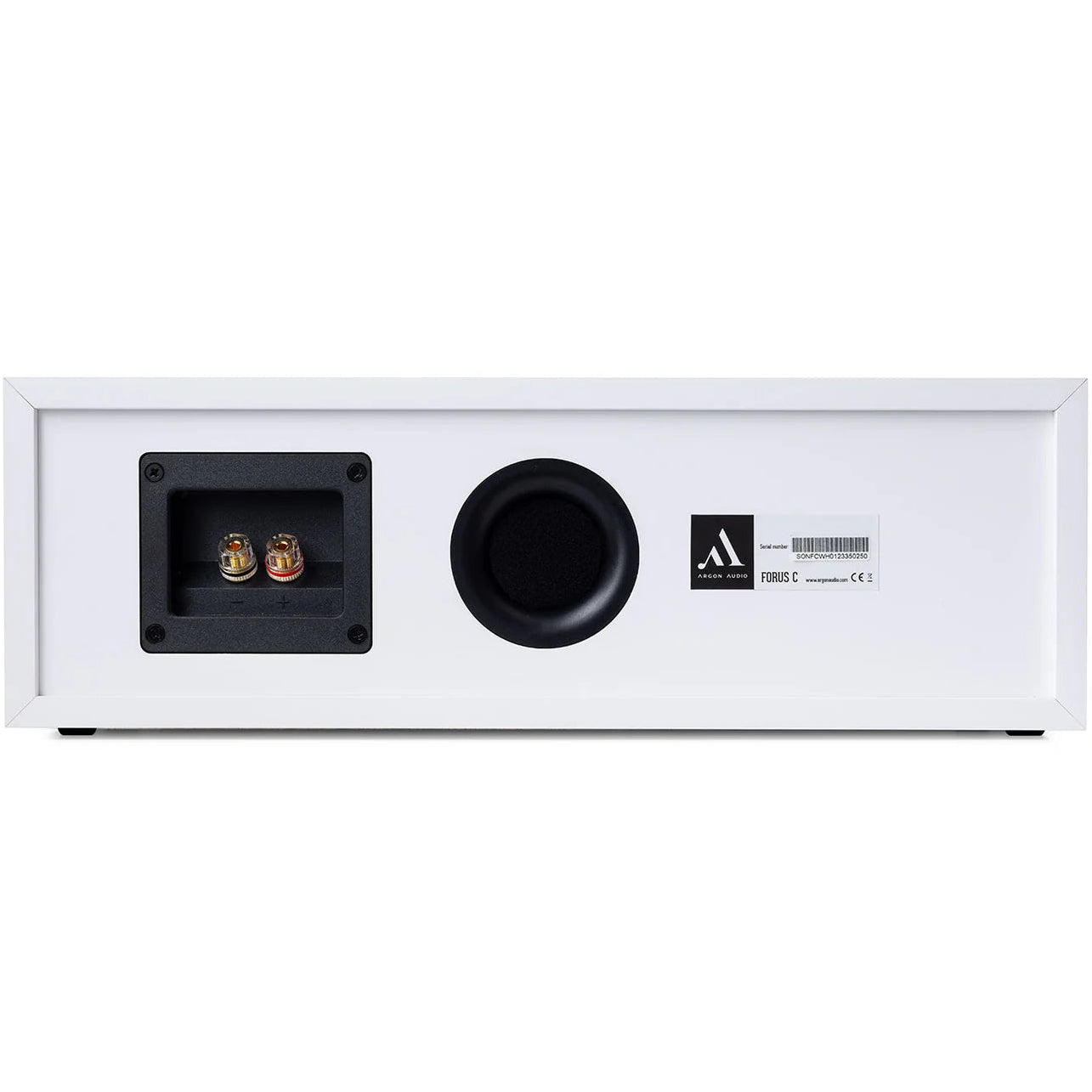 Argon Audio Forus Center speaker in white, showcasing its sleek design and front grille for home theater audio setup.