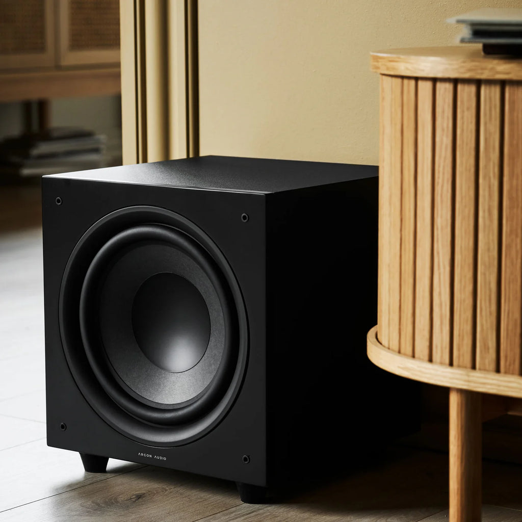 Black Argon Audio Malmö Sub 10 subwoofer with sleek design and control panel, showcasing its compact size and sturdy build.