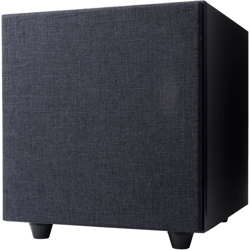 Black Argon Audio Malmö Sub 10 subwoofer showing a sleek design with a compact enclosure and control panel on top.