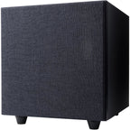 Black Argon Audio Malmö Sub 10 subwoofer showing a sleek design with a compact enclosure and control panel on top.