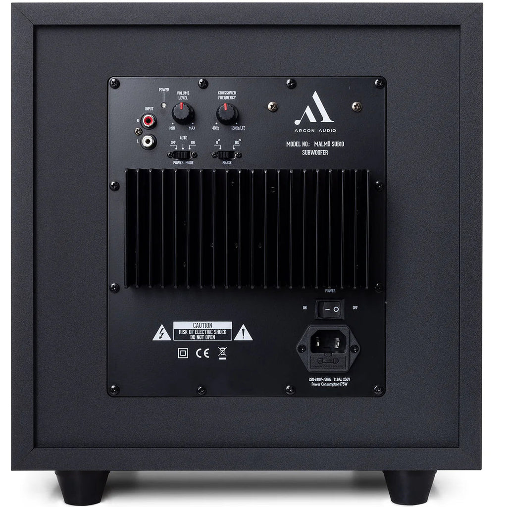 Black Argon Audio Malmö Sub 10 subwoofer with sleek design and front-facing speaker cone for deep bass sound.