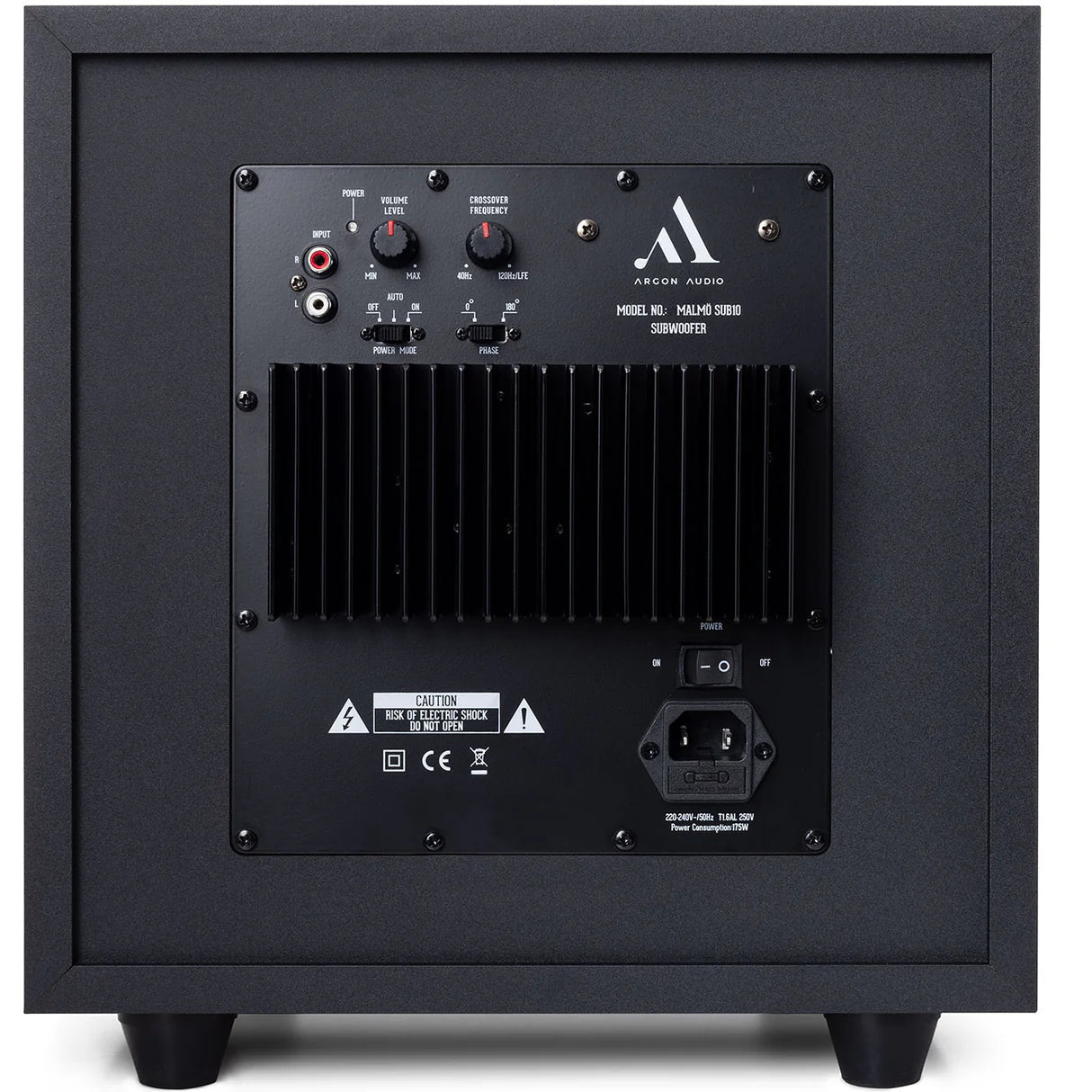 Black Argon Audio Malmö Sub 10 subwoofer with sleek design and front-facing speaker cone for deep bass sound.