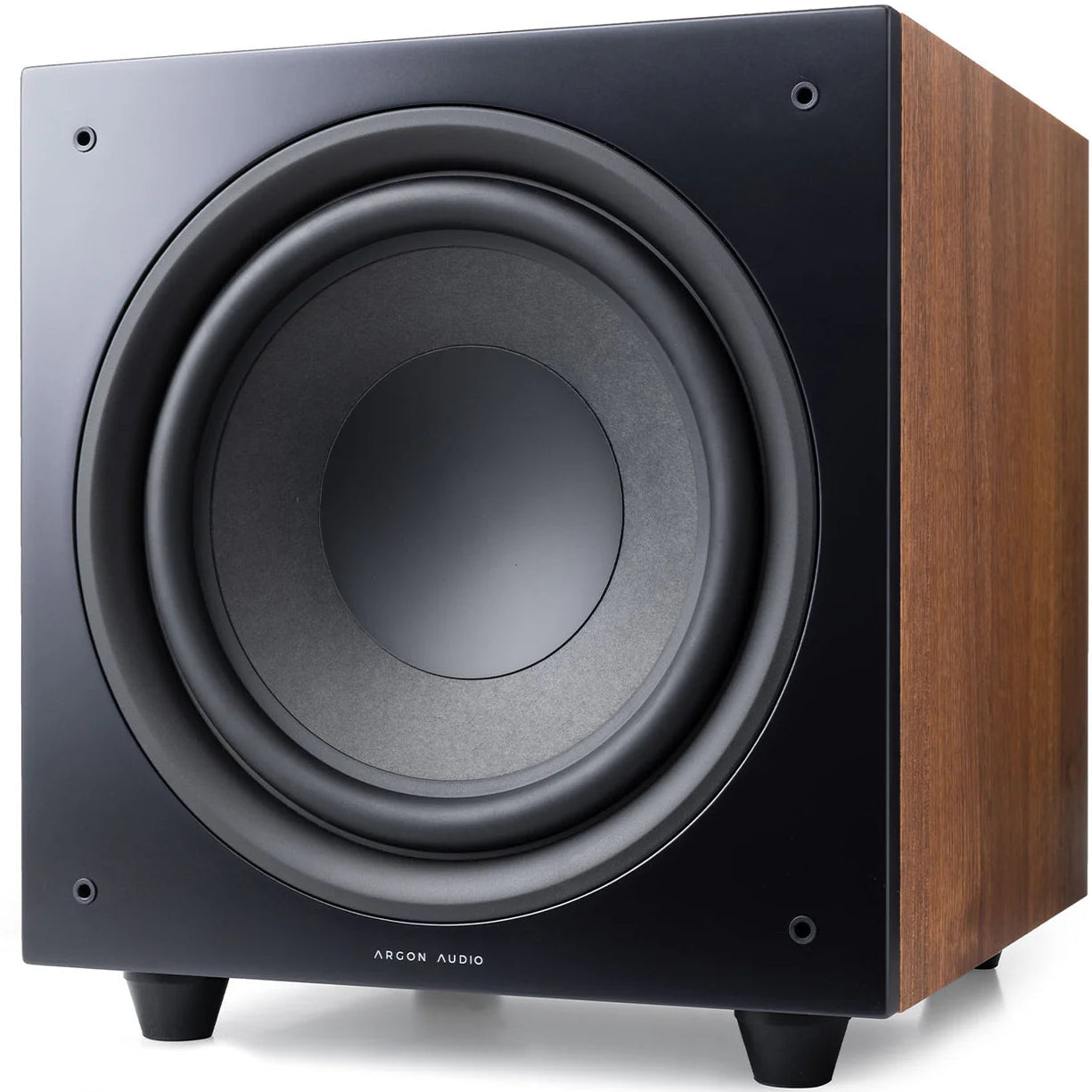 Argon Audio Malmö Sub 10 subwoofer with black finish and sleek design, featuring a large speaker cone and control panel.