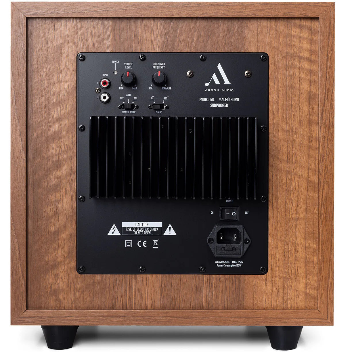 Argon Audio Malmö Sub 10 subwoofer with black finish, compact design, and bass port for deep, powerful sound.