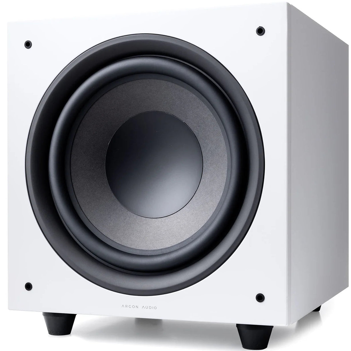 Argon Audio Malmö Sub 10 subwoofer with white finish, featuring a sleek design and large speaker cone for deep bass sound