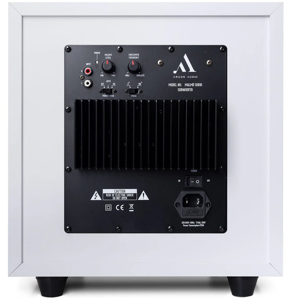 White Argon Audio Malmö Sub 10 subwoofer with sleek design and front-facing port, perfect for enhancing home audio systems.