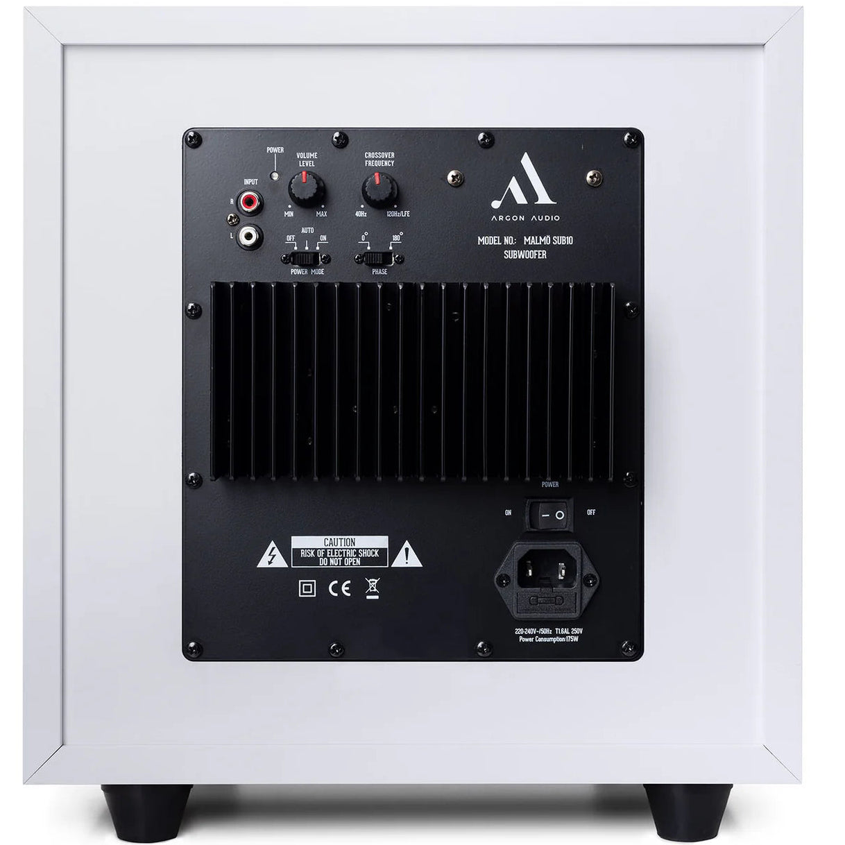 White Argon Audio Malmö Sub 10 subwoofer with sleek design and front-facing port, perfect for enhancing home audio systems.