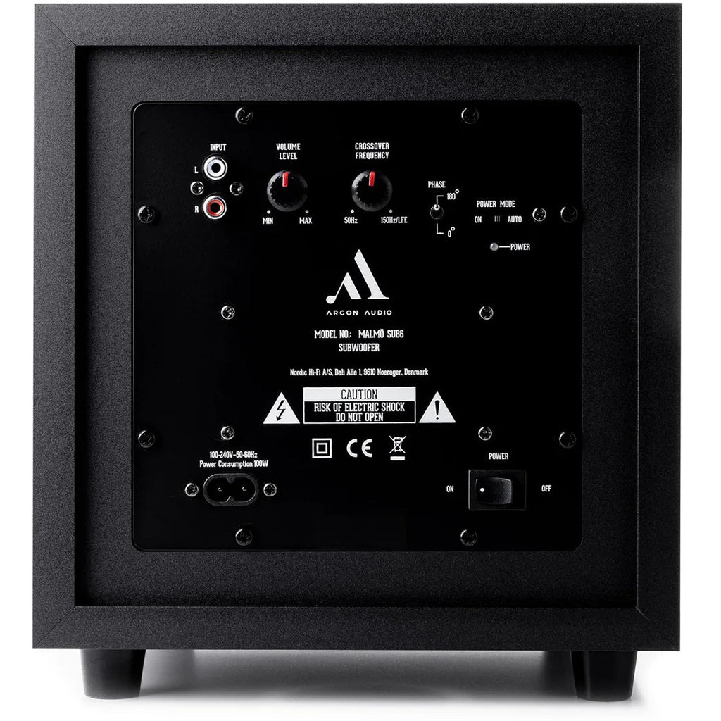 Black Argon Audio Malmö Sub 6 subwoofer with sleek design and control panel, showcasing its compact size and modern appearance.